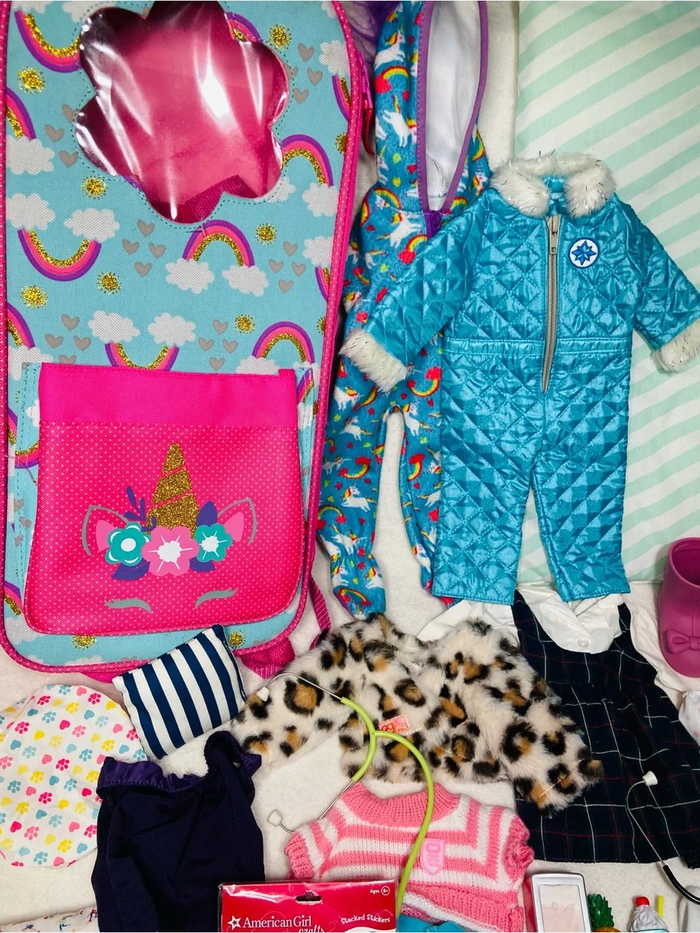 18” Doll Accessory Lot Variety Doll Carrier Jumpsuit Doll Clothes Accessoriesy